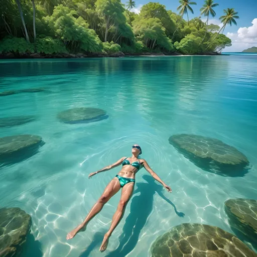 Prompt: Relaxing swimmer in (crystal clear water) showing only lower body, surrounded by (lush tropical trees) in the distance, vibrant shades of turquoise and deep greens, tropical paradise ambiance, sunlight glimmering on water, soft gentle waves caressing the surface, serene and peaceful atmosphere, ultra-detailed (high quality), tranquil escape.