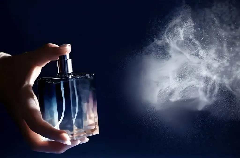 Prompt: a hand holding a bottle of perfume with a white spray coming out of it’s automizer, simple light background, Évariste Vital Luminais, rayonism, particulate, an airbrush painting, simple background simple shapes, vector, minimalism