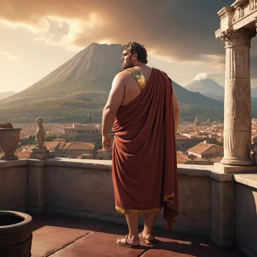 Prompt: Fat Roman in toga on a Roman galley, overlooking volcano, historical feeling, high quality, realistic, detailed toga, ancient Roman, scenic view, majestic volcano, grandiose, historical setting, majestic, ancient architecture, dramatic lighting, warm tones, scenic background