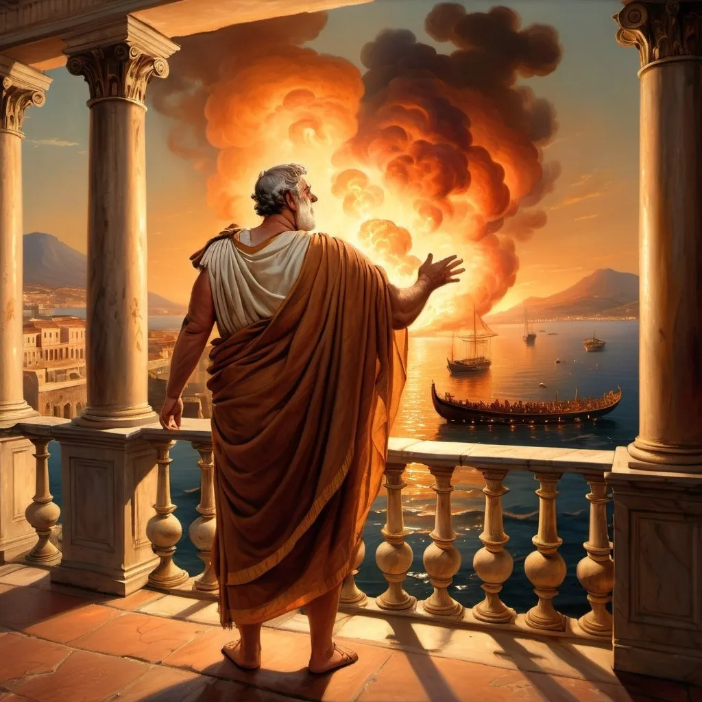 Prompt: fat, elder, frightened, Roman in toga standing on balcony, looking across sea, Vesuvius sending up flames and ashes over Roman city on shore line, galley on water, setting sun, high-detailed, ancient oil painting, dramatic lighting, warm tones, majestic scenery, text box under picture