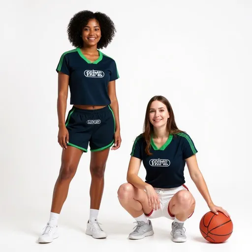 Prompt: A cinematic  photo of 2 ladies with different faces wearing this mock up clothes designed one standing and one squat down in a little space from the other with a basketball on her side hand down in  plain white studio backdrop 