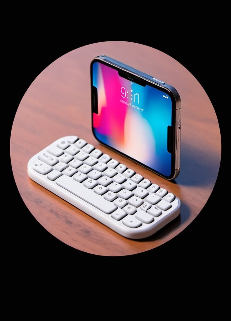 Prompt: A mini keyboard that connects to a phone on a table without logo and cartoon non realistic no words on devices
