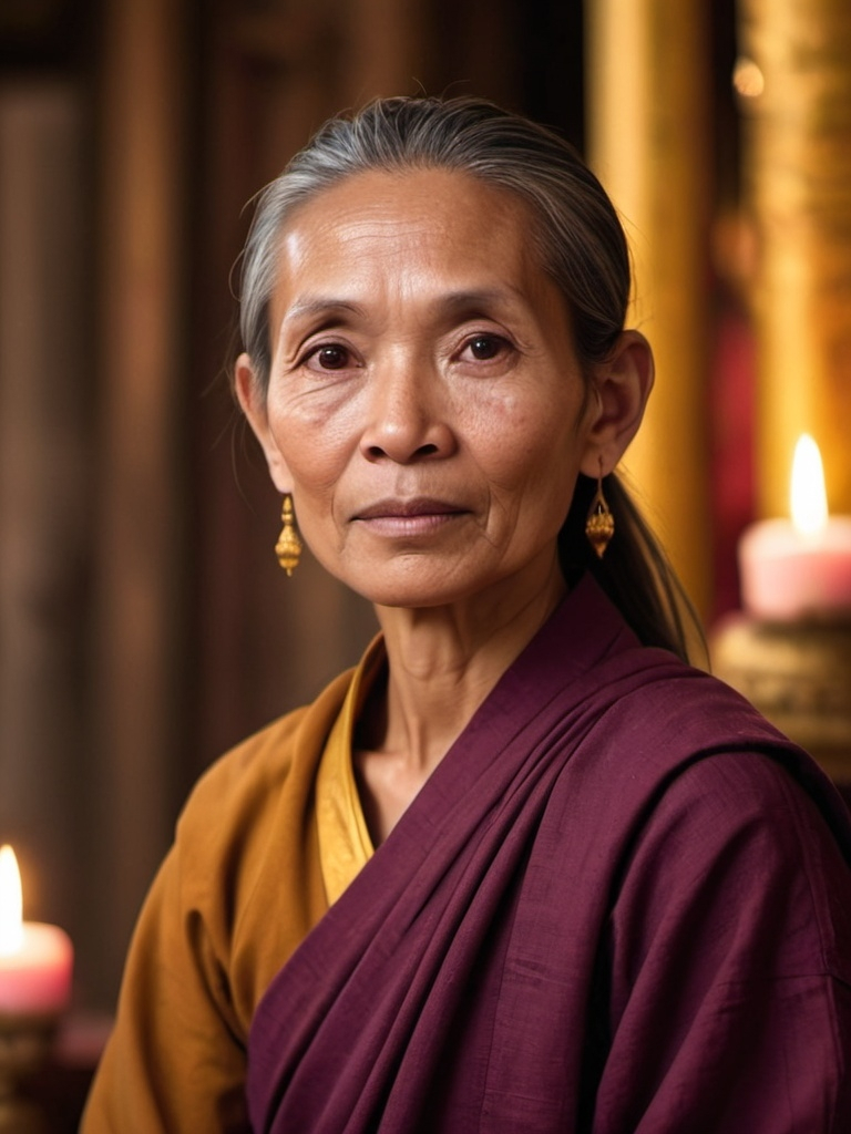 Prompt: Cinematic portrait of a thailandese very old mystical master woman, old tanned dark wrinkled skin, proud face, brown eyes, gray and brown pulled back hair, monk attire, detailed features, ethnic magenta and gold embroided monk tunic, atmospheric lighting, thai decorated temple in the background, bokeh candles, highres, 4:5 ratio, warm tones, professional, cinematic, mystical gaze