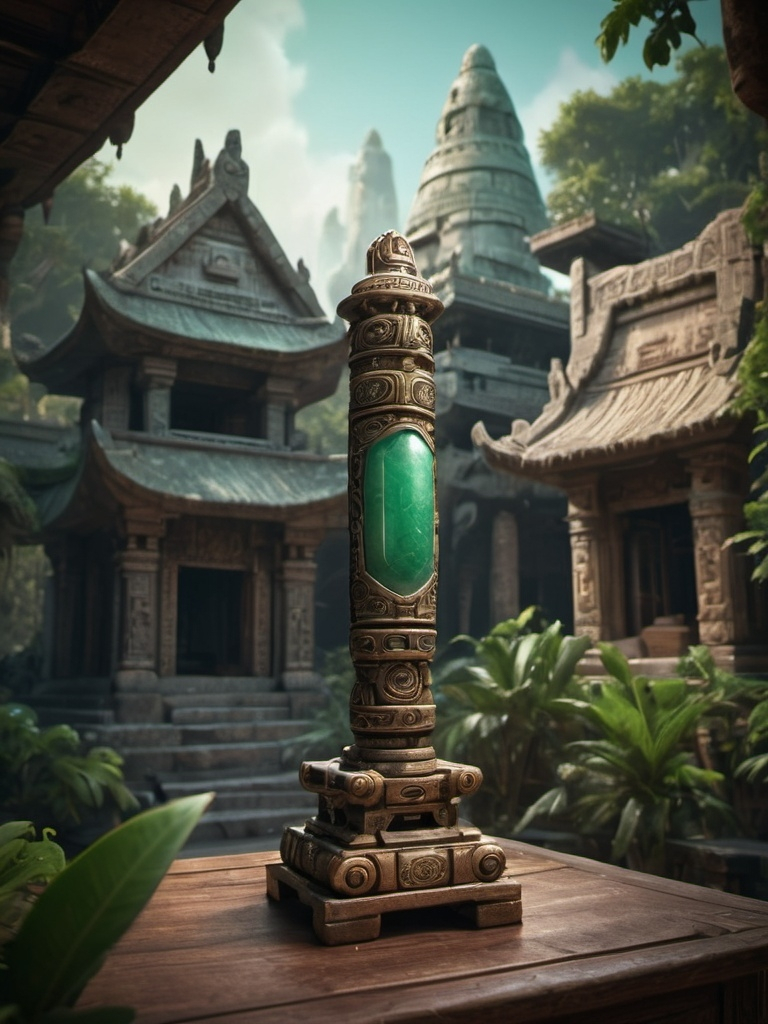 Prompt: Fantasy ancient jade small totem on a wooden table, surrounded by scrolls, ancient writing, hyperrealistic, abstract shape, Mayan and Egyptian, cinematic, detailed carving, mystical aura, high quality, hyperrealism, fantasy, ancient artifact, jade, cinematic lighting, wooden house interior background