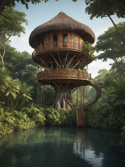 Prompt: Fantasy round tree house in lush Mayan mangrove jungle, organic design, traditional craftsmanship, detailed foliage, ethnic materials, warm tones, cinematic, vibrant atmosphere, highres, mayan architecture, rustic aesthetics, lush greenery, traditional craftsmanship, riverfront, detailed woodwork, natural materials, immersive, lush environment, exotic, authentic