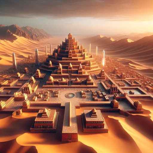 Prompt: fantasy desert, from afar, from above, large hexagonal stepped city in the sand dunes,  mesopotamian architecture, houses and temples, ziggurat,  lush gardens, waterways, crystal obelysks, carved red and orange walls, tile walls and floors, bronze and gold elements, warm tones, cinematic