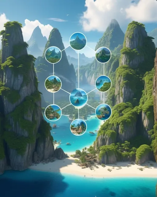 Prompt: fantasy islands archipelago, 10 ancient white cities placed in multiple islands, volcanic mountains, lush greenery, vibrant and rich color tones, ethereal and majestic atmosphere, intricate details of cities with glowing accents, exotic vegetation, bright blue oceans, epic landscapes, HD, ultra-detailed, high depth cinematic masterpiece, serene and magical, high quality, awe-inspiring, fantasy world realism.