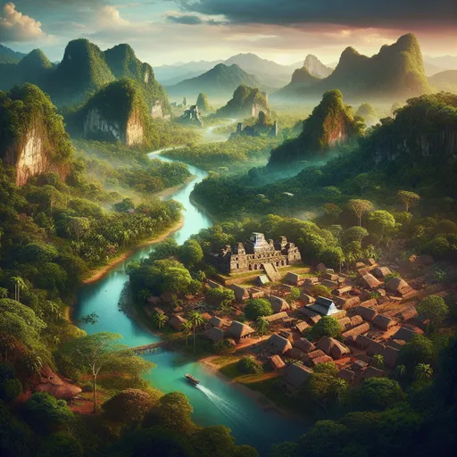 Prompt: Far aerial view of lush jungle region with small rustic village, view of mountains, sky and river; ancient ruin far in the distance,  mayan architecture, immersive environment, exotic, authentic, highres, detailed, immersive, jungle, villages, aerial view, lush, exotic, authentic, vibrant colors, natural lighting