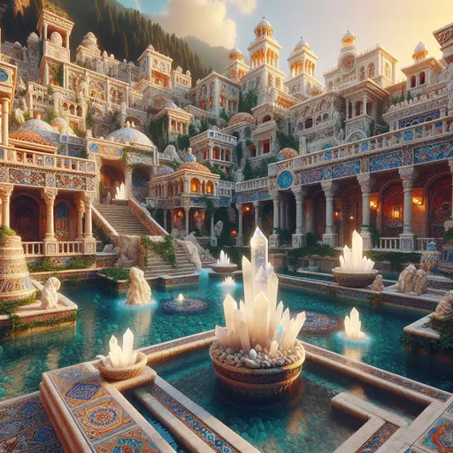 Prompt: Fantasy village, many houses and temples phoenician architecture in white stone and white marble, gold details, blue and red walls, blue and red tiles, fountains and water, giant quartz for light, warm tones, cinematic, vibrant atmosphere, highres, ancient aesthetics, lush greenery, detailed stonework and tilework, lush environment, exotic, authentic