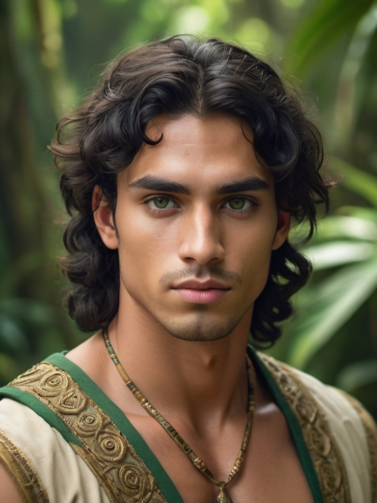 Prompt: Cinematic portrait of an beautiful young man, jade green eyes, long curly unruly black hair, sharp features, sharp jawline, thick eyebrows,  straight nose, wearing an ethnic embroidered beige and green, golden skin, jungle background, 4:5 ratio, highres, detailed features, lush jungle setting, ancient mayan attire, prince hero gaze, warm tones, atmospheric lighting