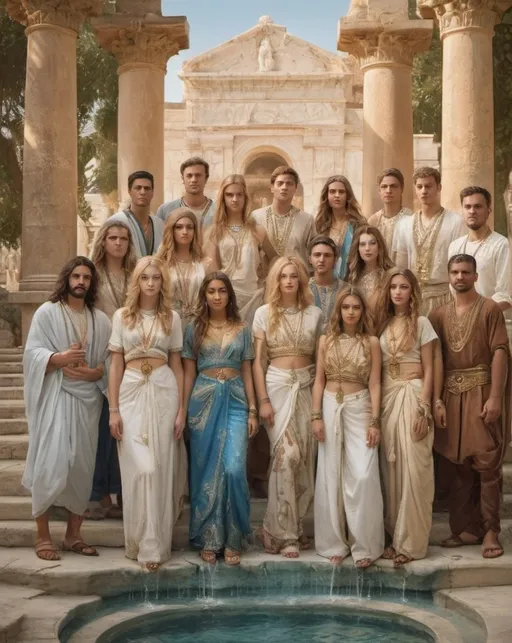 Prompt: Group of diverse young men and women, long blonde and light brown hair, phoenician and greek inspied, wearing ethnic embroidered white and blue clothes, golden details, white and tanned skin, ancient attire, white marble background, fountains and water in the background, detailed features, atmospheric lighting, highres, warm tones, jungle background, professional, cultural, detailed faces, vibrant colors