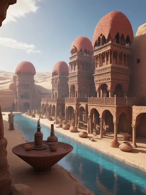 Prompt: desert city, mesopotamian architecture, red stone, red tiles, bronze architectural decorations, orange white and red fabrics, detailed stonework, traditional craftsmanship, water well, organic design, rustic aesthetics, ethnic materials, warm tones, cinematic, vibrant atmosphere, highres,, sand dunes, natural materials, immersive, exotic, authentic