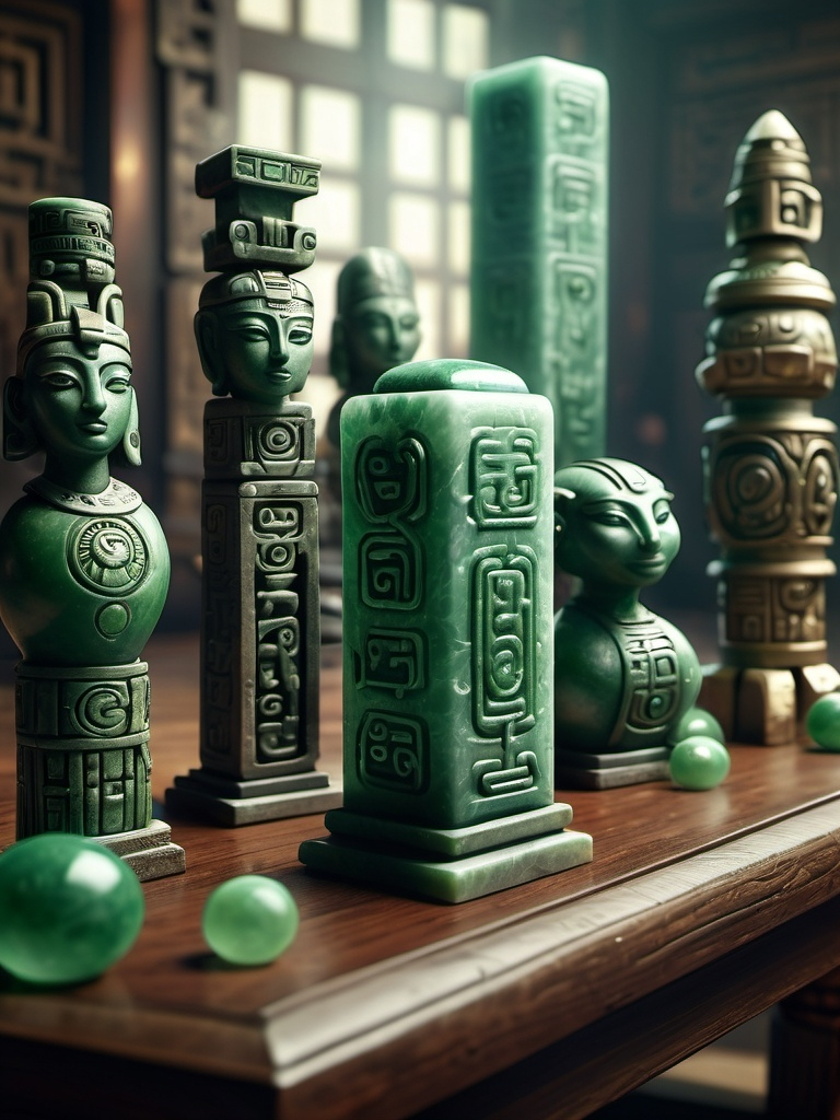 Prompt: Fantasy ancient jade small totems on a wooden table surounded by scrolls, ancient writing, hyperrealistic, abstract shape, mayan and egyptian, cinematic, detailed carving, mystical aura, high quality, hyperrealism, fantasy, ancient artifact, jade, cinematic lighting