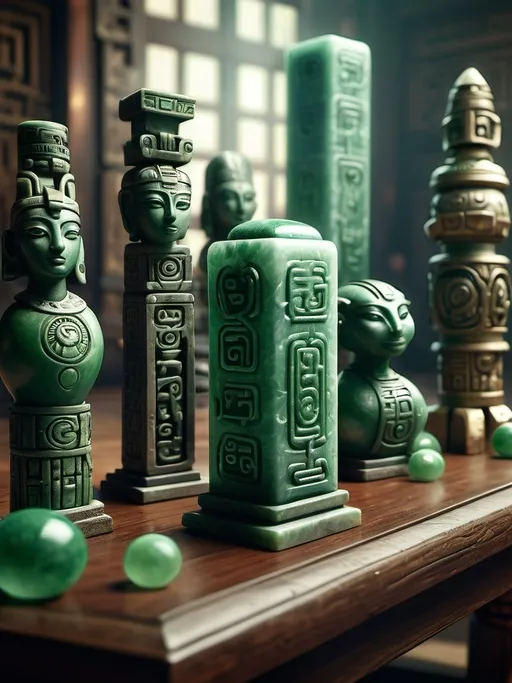 Prompt: Fantasy ancient jade small totems on a wooden table surounded by scrolls, ancient writing, hyperrealistic, abstract shape, mayan and egyptian, cinematic, detailed carving, mystical aura, high quality, hyperrealism, fantasy, ancient artifact, jade, cinematic lighting