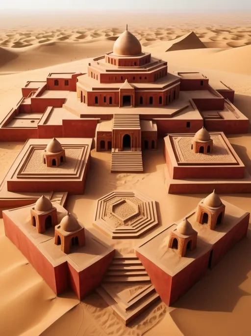 Prompt: hexagonal stepped city in the sand dunes,  many levels with houses and temples, lush gardens, mesopotamian architecture, crystal obelysks, carved red and orange walls, tile walls and floors, bronze and gold elements, warm tones, cinematic