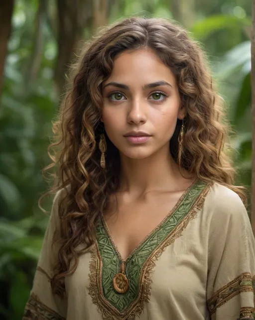 Prompt: Cinematic portrait of a young, sweet, smart, Latin woman with light hazel eyes, long brown curly hair, and natural skin, wearing an ethnic embroidered beige and green tunic, golden tanned skin, jungle background, 4:5 ratio, highres, detailed features, soft facial features, lush jungle setting, ancient mayan attire, gentle gaze, beautiful curls, warm tones, atmospheric lighting, no earings