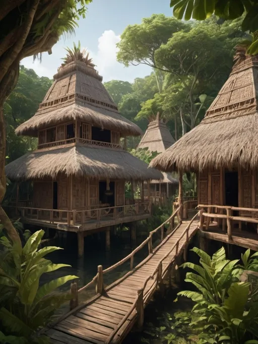 Prompt: Fantasy village  in lush Mayan mangrove jungle, organic design, traditional craftsmanship, detailed foliage, ethnic materials, warm tones, cinematic, vibrant atmosphere, highres, mayan architecture, rustic aesthetics, lush greenery, traditional craftsmanship, detailed woodwork, natural materials, immersive, lush environment, exotic, authentic