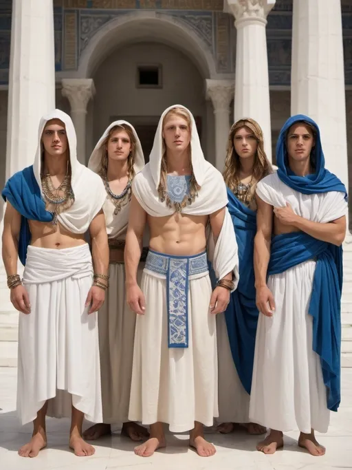 Prompt: Group of temple men and women, long blonde and light brown hair, phoenician and greek inspied, wearing long ethnic embroidered white and blue skirts with bare chests an arms, wearing white embroidered hoods, white and bronze skin, ancient attire, inside white temple marble background, detailed faces