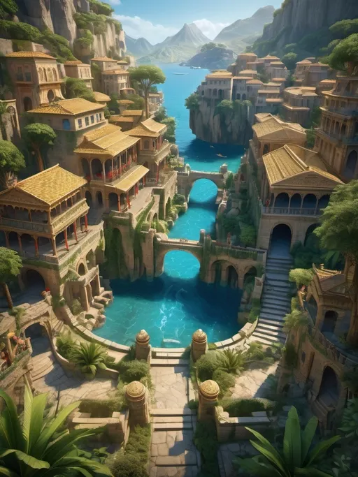 Prompt: Fantasy town from afar and from above, many houses and temples, ancient phoenician architecture in with blue and red walls, blue and red tiles, carved walls, gold details,, fountains and waterways, warm tones, cinematic, vibrant atmosphere, highres, ancient aesthetics, lush greenery, detailed stonework and tilework, lush environment, exotic, authentic