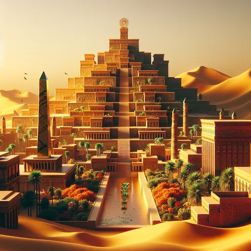 Prompt: large hexagonal stepped city in the sand dunes,  mesopotamian architecture, houses and temples, ziggurat,  lush gardens, waterways, crystal obelysks, carved red and orange walls, tile walls and floors, bronze and gold elements, warm tones, cinematic, 3:5 ratio