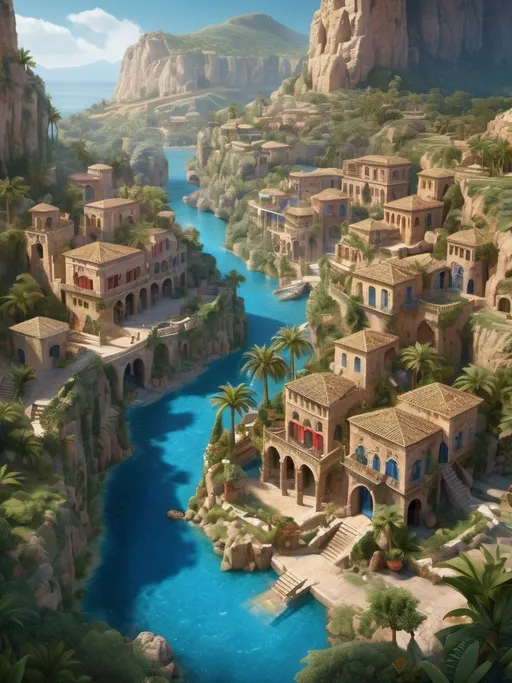 Prompt: Fantasy town from afar and from above, 5 houses, ancient phoenician architecture in with blue and red walls, blue and red tiles, carved walls, gold details,, fountains and waterways, warm tones, cinematic, vibrant atmosphere, highres, ancient aesthetics, lush greenery, detailed stonework and tilework, lush environment, exotic, authentic