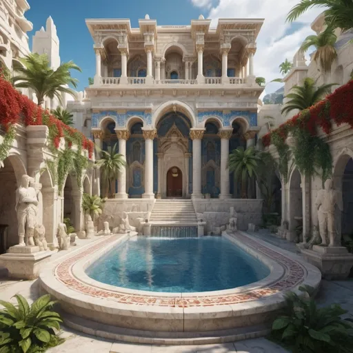 Prompt: Fantasy town, many houses and temples phoenician architecture in white stone and white marble, gold details, blue and red walls, blue and red tiles, fountains and water, giant quartz for light and technology, warm tones, cinematic, vibrant atmosphere, highres, ancient aesthetics, lush greenery, detailed stonework and tilework, lush environment, exotic, authentic