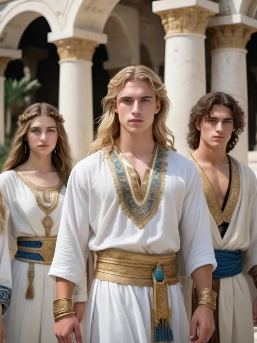 Prompt: Group of diverse young men and women, long blonde and light brown hair, phoenician and greek inspied, wearing ethnic embroidered white and blue clothes, golden details, white and bronze skin, ancient attire, white marble background, fountains and water in the background, detailed features, atmospheric lighting, highres, warm tones, jungle background, professional, cultural, detailed faces, vibrant colors