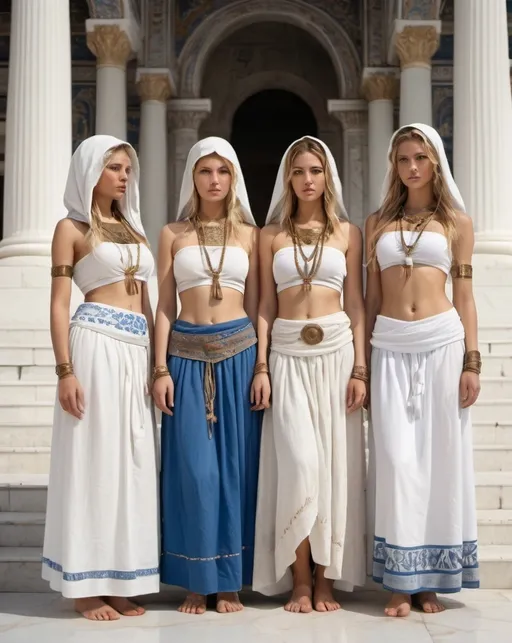 Prompt: Group of temple women, long blonde and light brown braided hair, phoenician and greek inspied, wearing long ethnic embroidered white and blue skirts with bare chests an arms, wearing white embroidered hoods, white and bronze skin, ancient attire, inside white temple marble background, detailed faces