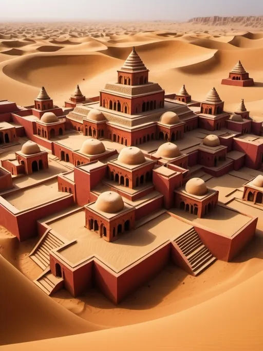 Prompt: large hexagonal stepped village in the sand dunes,  many levels with houses and temples, lush gardens, mesopotamian architecture, crystal obelysks, carved red and orange walls, tile walls and floors, bronze and gold elements, warm tones, cinematic