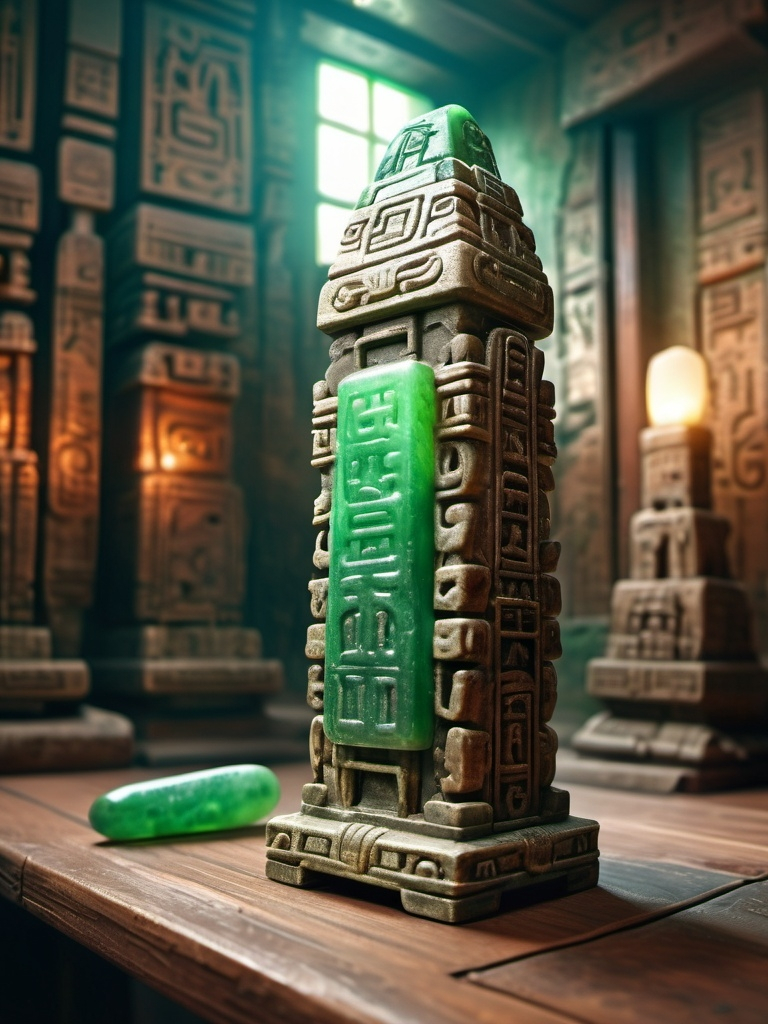 Prompt: Fantasy ancient jade small totem, dirty and in need of restoration, on a wooden table, ancient writing, hyperrealistic, abstract shape, Mayan and Egyptian, cinematic, detailed carving, mystical aura, high quality, hyperrealism, fantasy, ancient artifact, jade, cinematic lighting, wooden house interior background, mayan architecture, 