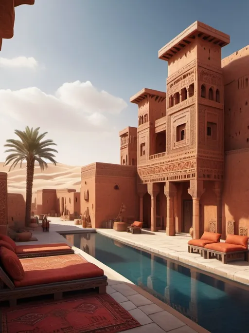 Prompt: desert red city, mesopotamian architecture, red stone details, red tiles, bronze decorations, orange white and red fabrics, detailed stonework, traditional craftsmanship, water well, organic design, rustic aesthetics, ethnic materials, warm tones, cinematic, vibrant atmosphere, highres,, sand dunes, natural materials, immersive, exotic, authentic