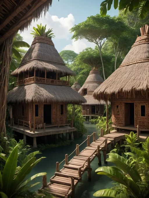 Prompt: Fantasy village  in lush Mayan mangrove jungle, organic design, traditional craftsmanship, detailed foliage, ethnic materials, warm tones, cinematic, vibrant atmosphere, highres, mayan architecture, rustic aesthetics, lush greenery, traditional craftsmanship, detailed woodwork, natural materials, immersive, lush environment, exotic, authentic