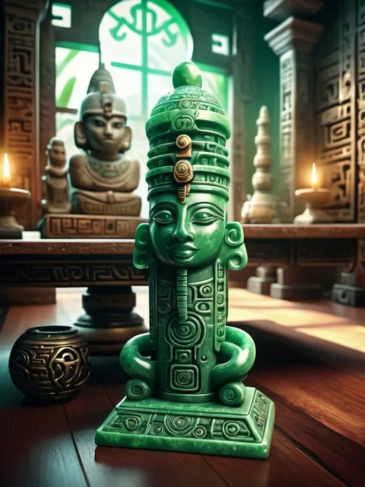 Prompt: Fantasy ancient jade small totem on a wooden table surounded by scrolls, ancient writing, hyperrealistic, abstract shape, mayan and egyptian, cinematic, detailed carving, mystical aura, high quality, hyperrealism, fantasy, ancient artifact, jade, cinematic lighting, wooden mayan house interior background