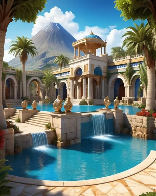 Prompt: Fantasy village in lush island with volcano, small houses, phoenician architecture in white stone and white marble, gold details, blue and red walls, blue and red tiles, fountains and water, warm tones, cinematic, vibrant atmosphere, highres, ancient aesthetics, lush greenery, detailed stonework and tilework, lush environment, exotic, authentic