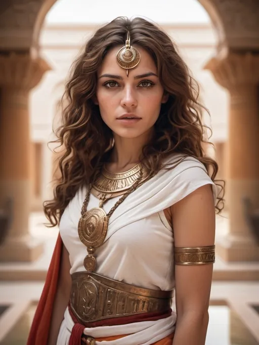 Prompt: Cinematic portrait of an adult rebel woman, brown eyes, brown wavy hair, ancient egypian attire, white skin, detailed features, ethnic white and red and orange clothing, atmospheric lighting, white marble background, fountains, highres, 4:5 ratio, warm tones, professional, cinematic, defying gaze