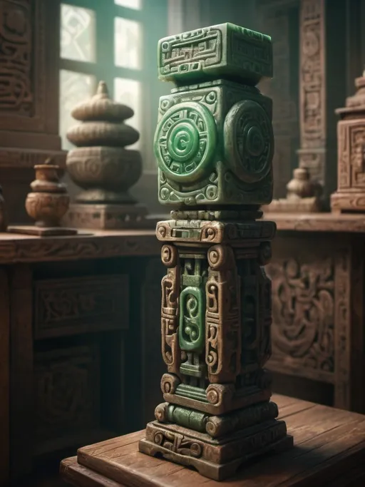 Prompt: Fantasy ancient jade small totem on a wooden table, surrounded by scrolls, ancient writing, hyperrealistic, abstract shape, Mayan and Egyptian, cinematic, detailed carving, mystical aura, high quality, hyperrealism, fantasy, ancient artifact, jade, cinematic lighting, wooden house interior background, mayan architecture, dirty and in need of restoration