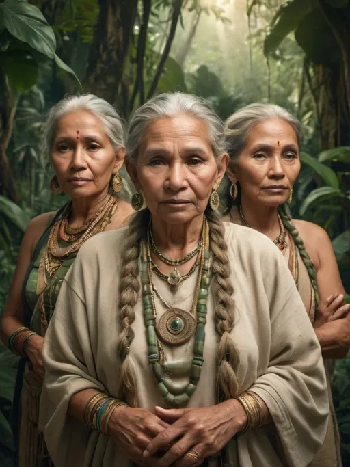 Prompt: Group of mystical elders, old people, mystical jewelry, wrinkled skin, grey braided hair, mayan inspired, wearing ethnic embroidered beige and green clothes, golden skin, ancient attire, lush jungle setting, detailed features, atmospheric lighting, highres, warm tones, jungle background