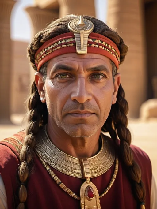 Prompt: Cinematic portrait of an adult egyptian 50 year old man, green eyes, brown braided hair, ancient egypian ruling attire, golden tanned skin, detailed features, ethnic attire, red and orange clothing, phraoh jewelry and crown, atmospheric lighting, desert temple background, highres, 4:5 ratio, warm tones, professional, cinematic, evil gaze