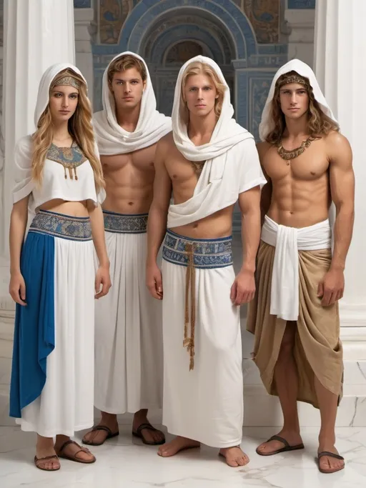 Prompt: Group of temple men and women, long blonde and light brown hair, phoenician and greek inspied, wearing long ethnic embroidered white and blue skirts with bare chests an arms, wearing white embroidered hoods, white and bronze skin, ancient attire, inside white temple marble background, detailed faces