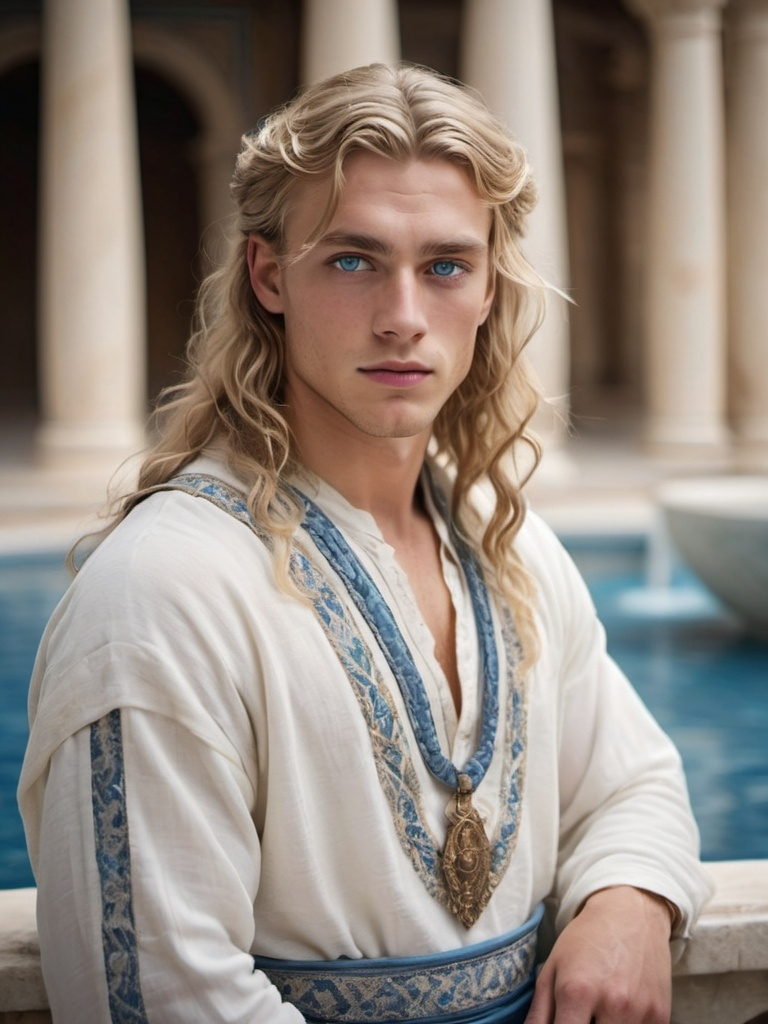 Prompt: Cinematic portrait of an beautiful young man, blue eyes, very long wavy blonde hair, soft features, wearing an ethnic embroidered white and blue, white skin, white marble and fountains background, 4:5 ratio, highres, detailed features, ancient greek attire, warm tones, atmospheric lighting