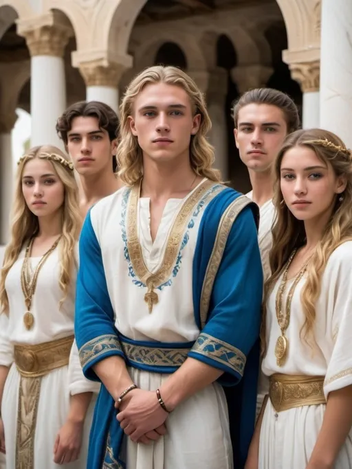 Prompt: Group of diverse young men and women, long blonde and light brown hair, phoenician and greek inspied, wearing ethnic embroidered white and blue clothes, golden details, white and tanned skin, ancient attire, white marble background, fountains and water in the background, detailed features, atmospheric lighting, highres, warm tones, jungle background, professional, cultural, detailed faces, vibrant colors