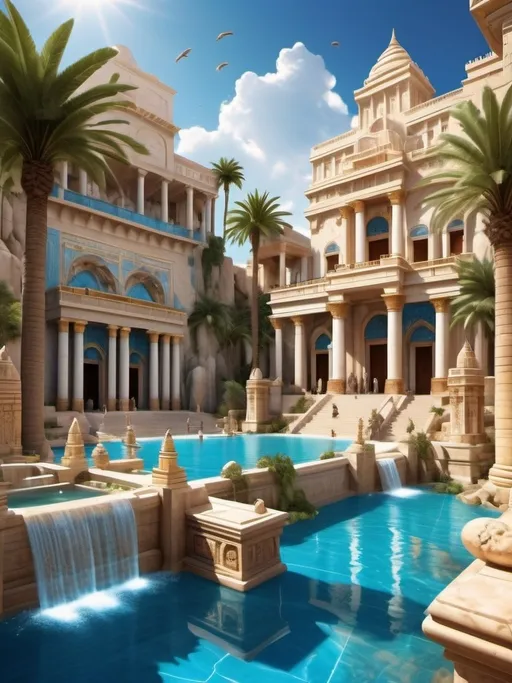 Prompt: Fantasy city, many houses and temples phoenician architecture in white stone and white marble, gold details, color blue and red walls and blue and red color tiles, fountains and water, giant quartz for light and technology, warm tones, cinematic, vibrant atmosphere, highres, ancient aesthetics, lush greenery, detailed stonework and tilework, lush environment, exotic, authentic