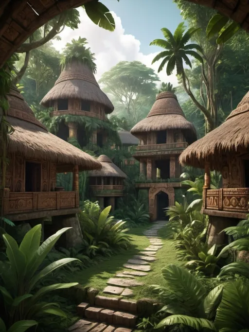 Prompt: Fantasy village  in lush Mayan jungle, organic design, traditional craftsmanship, detailed foliage, ethnic materials, warm tones, cinematic, vibrant atmosphere, highres, mayan architecture, rustic aesthetics, lush greenery, traditional craftsmanship, detailed woodwork, natural materials, immersive, lush environment, exotic, authentic