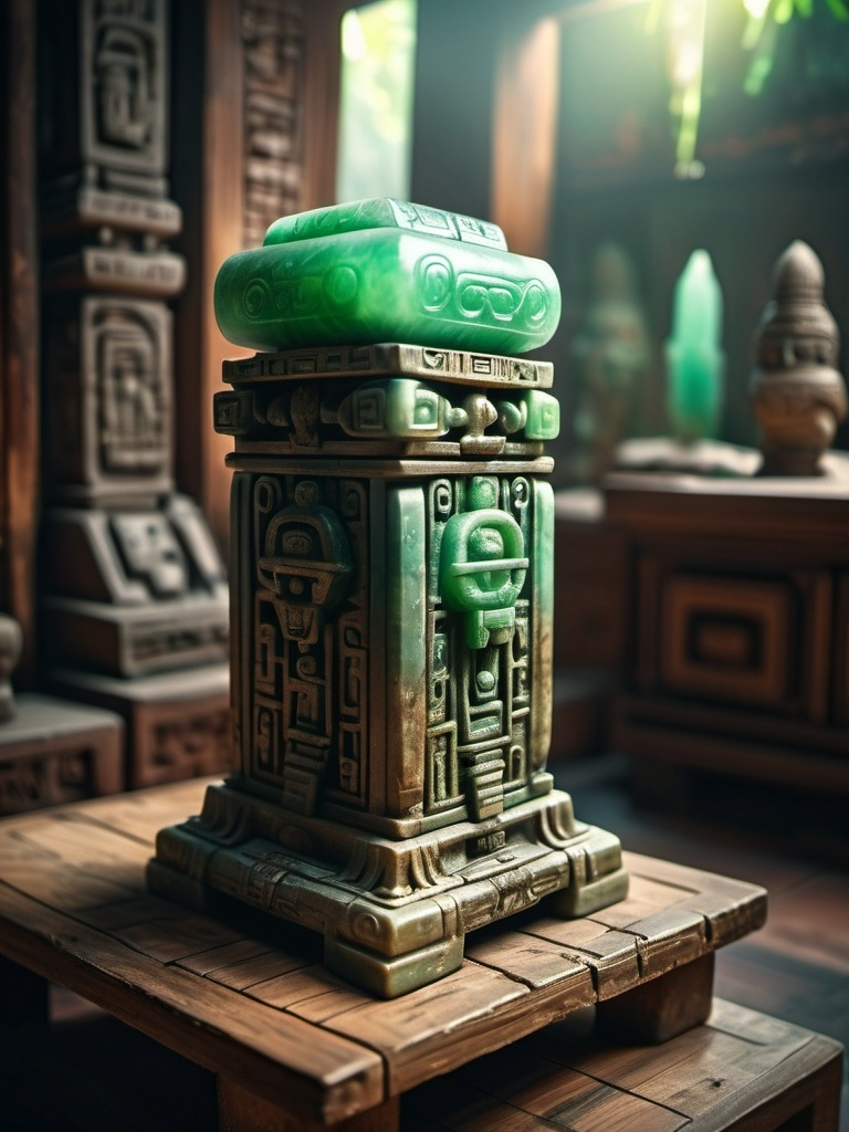 Prompt: Fantasy ancient jade small totem, dirty and in need of restoration, on a wooden table, ancient writing, hyperrealistic, abstract shape, Mayan and Egyptian, cinematic, detailed carving, mystical aura, high quality, hyperrealism, fantasy, ancient artifact, jade, cinematic lighting, wooden house interior background, mayan architecture, 