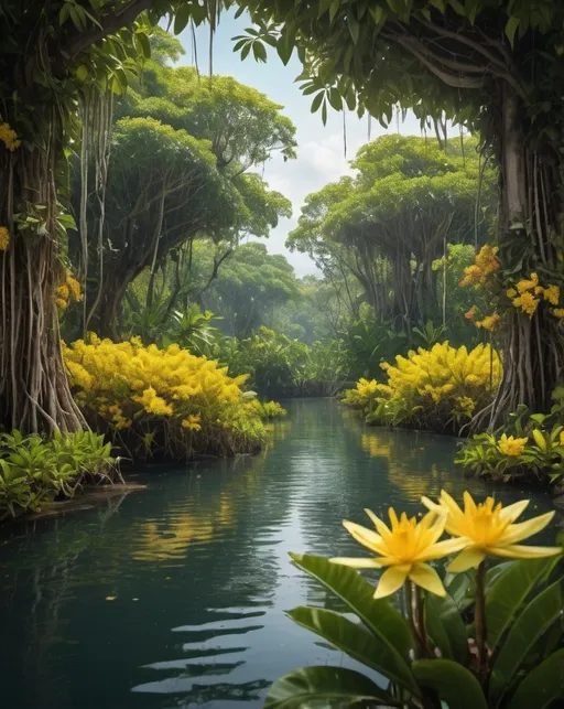 Prompt: Fantasy natural natural plant nursery, over the water in lush Mayan mangrove jungle, surounded by yellow flowering trees, detailed foliage, ethnic materials, warm tones, cinematic, vibrant atmosphere, highres, lush greenery