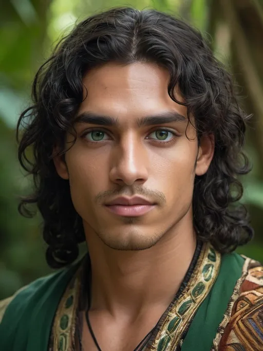 Prompt: Cinematic portrait of an beautiful young man, jade green eyes, long curly black hair, sharp features, sharp jawline, wearing an ethnic embroidered beige and green, golden skin, jungle background, 4:5 ratio, highres, detailed features, lush jungle setting, ancient mayan attire, prince hero gaze, warm tones, atmospheric lighting