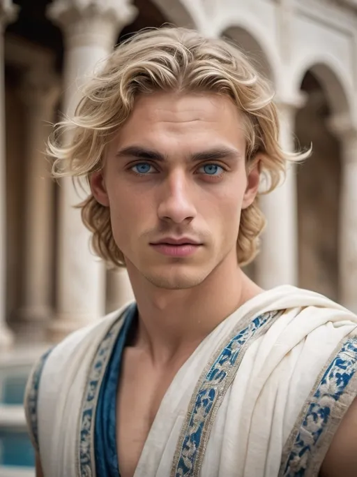 Prompt: Cinematic portrait of an beautiful young man, blue eyes, shoulder length wavy blonde hair, sharp features, sharp jawline, thick eyebrows, wearing an ethnic embroidered white and blue, white skin, white marble and fountains background, 4:5 ratio, highres, detailed features, ancient greek attire, warm tones, atmospheric lighting