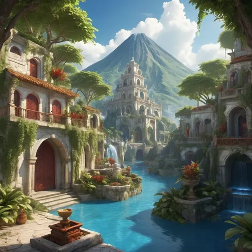 Prompt: Fantasy village in lush island with volcano, small houses, ancient architecture in white stone and white marble, gold details, blue and red walls, blue and red tiles, fountains and water, warm tones, cinematic, vibrant atmosphere, highres, ancient aesthetics, lush greenery, detailed stonework and tilework, lush environment, exotic, authentic