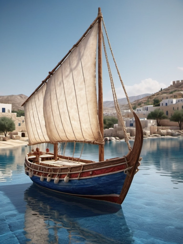 Prompt: Phoenician sail boat on the water, wooden and leather, rustic, ancient, clear water, sandy beach, hyperrealistic, white stone and marble city, lush island, cinematic, royal blue and red details, detailed textures, embroidered textures, serene atmosphere, hyperrealistic, ancient, rustic, Phoenician and greek culture, traditional, detailed water reflections