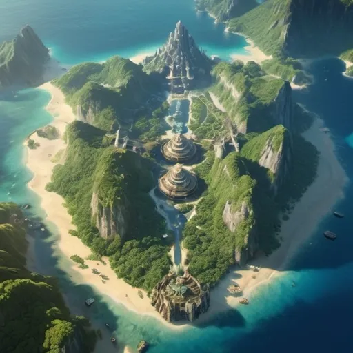 Prompt: fantasy islands archipelago, 10 ancient white cities placed in multiple islands, volcanic mountains, lush greenery, vibrant and rich color tones, ethereal and majestic atmosphere, intricate details of cities with glowing accents, exotic vegetation, bright blue oceans, epic landscapes, HD, ultra-detailed, high depth cinematic masterpiece, serene and magical, high quality, awe-inspiring, fantasy world realism.